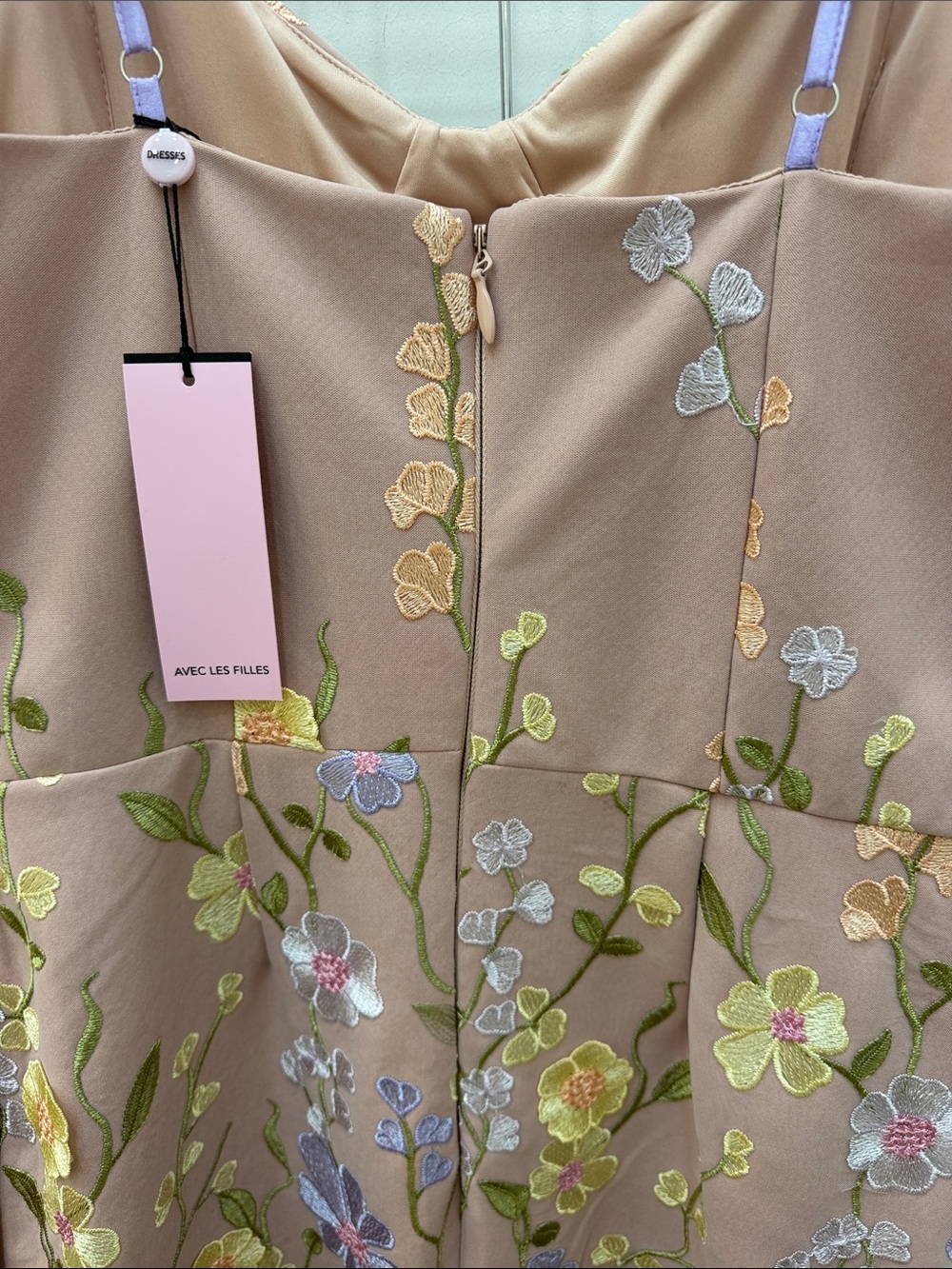 Avec Les Filles Blush 3D Floral Embroidered Midi Dress with Lavender Straps - Picture 3 of 8